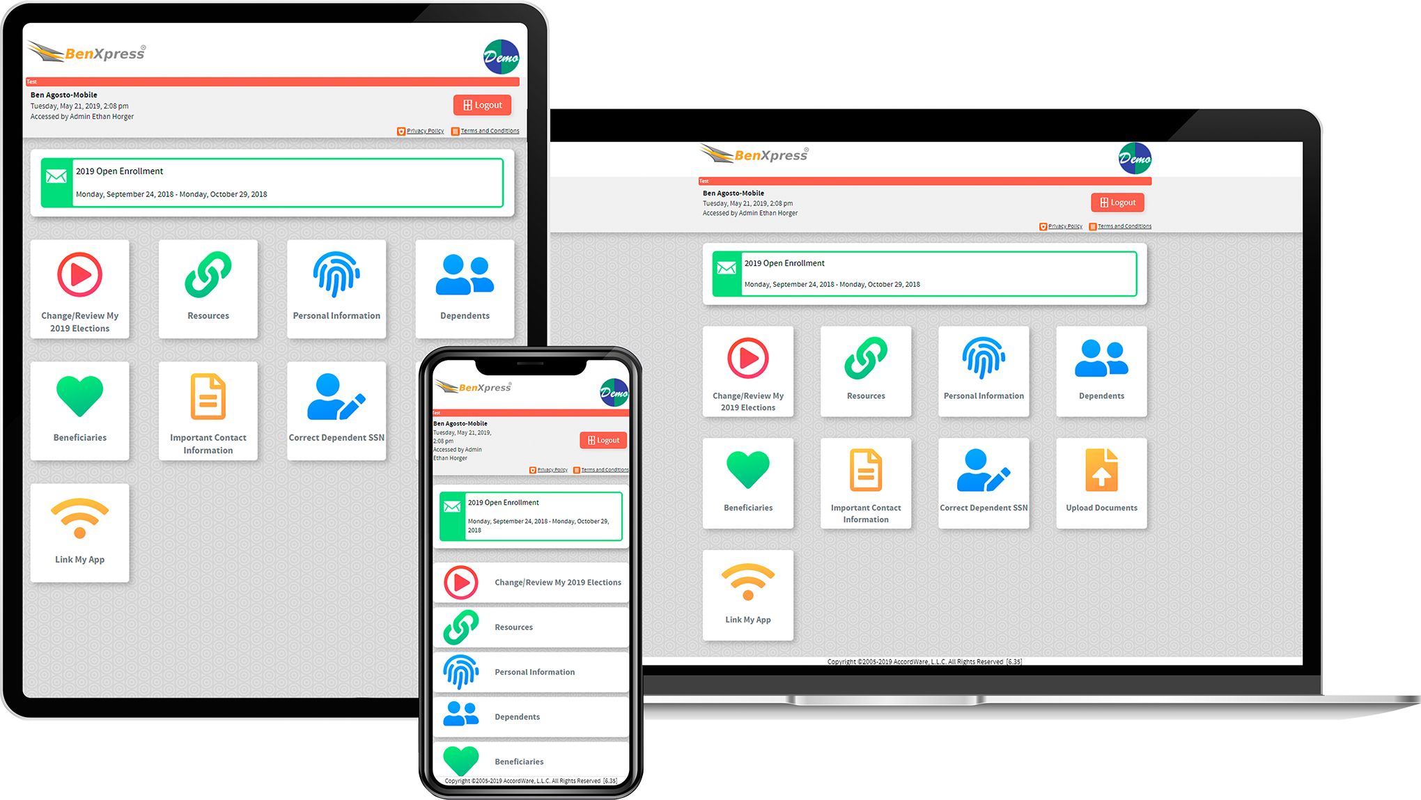 PC, tablet, and phone, each displaying a BenXpress self-service screenshot