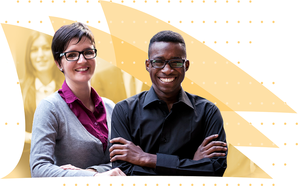 A professional woman and man with arms crossed, smiling. Your BenXpress benefit experts!