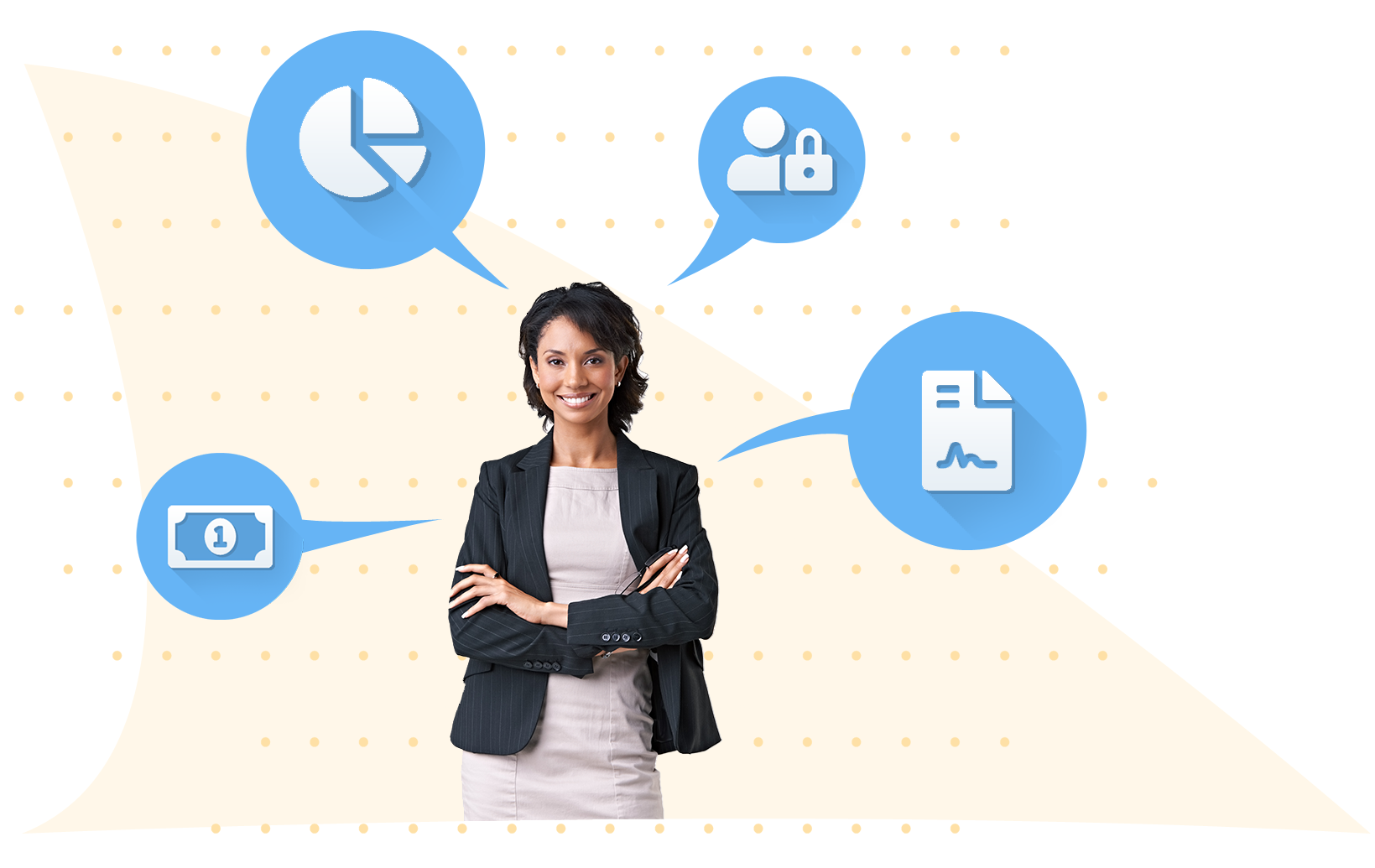 A professional woman with blue speech bubbles around her. Within each bubble: a pie chart, a dollar sign, a piece of paper with a graph on it, and a computer security padlock icon
