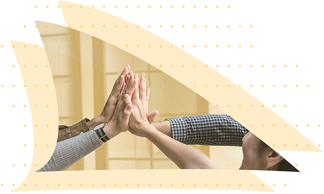 A group of arms reaching out, high fiving each other in a circle in the air